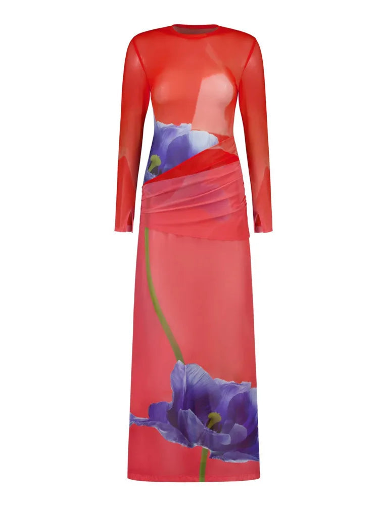Elegante vestido largo de malla con estampado de retazos y mangas largas para mujer, moda Otoño Invierno 2025, nuevo vestido de fiesta de noche.
