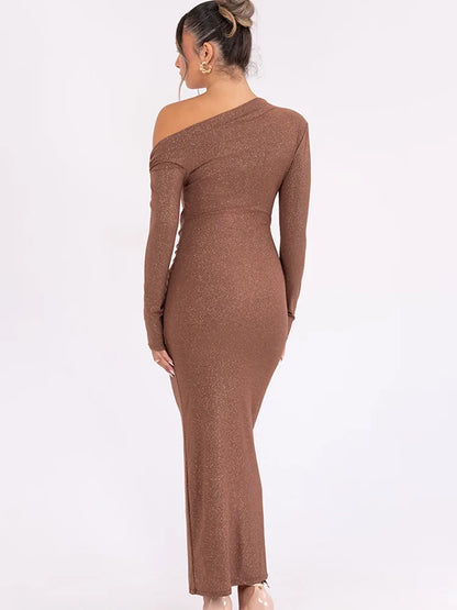 Elegant Long Sleeved Shiny Pleated Bodycon Party Evening Dress Women Autumn Winter New 2025 Tight Sexy Pleated Vestidos