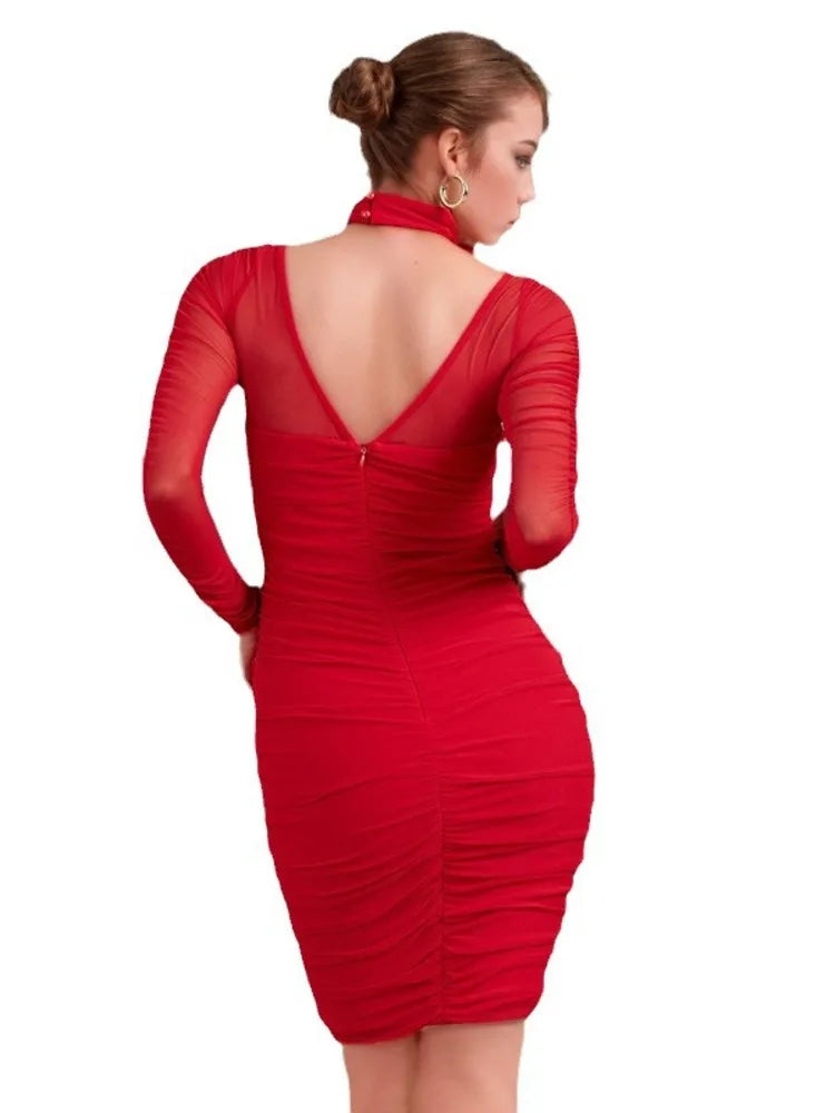 Elegante vestido de malla con retazos elástico ajustado y hueco para mujer, vestido sexy de manga larga sin espalda, pliegue de doble capa, vestido de noche para fiesta