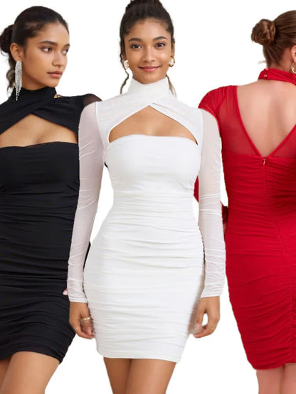 Elegante vestido de malla con retazos elástico ajustado y hueco para mujer, vestido sexy de manga larga sin espalda, pliegue de doble capa, vestido de noche para fiesta