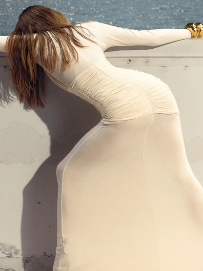 Elegante vestido de noche ajustado de manga larga con retazos de malla para fiesta y club, vestido sexy de doble capa con perspectiva, ropa de otoño