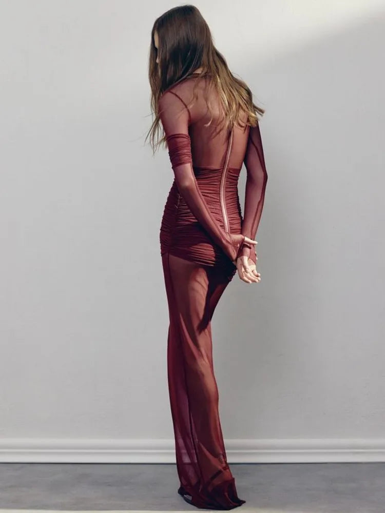 Elegante vestido de noche ajustado de manga larga con retazos de malla para fiesta y club, vestido sexy de doble capa con perspectiva, ropa de otoño