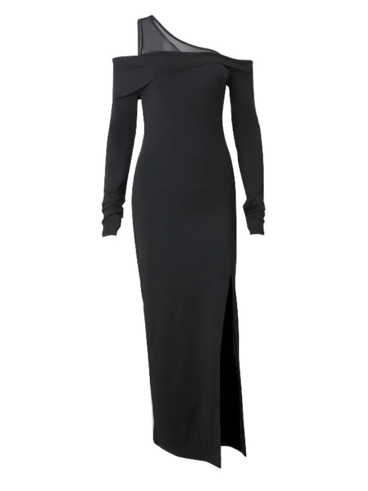 Elegante vestido de malla con retazos para mujer, nuevo vestido de otoño sexy con abertura alta, ajustado, de manga larga, para fiesta y noche, vestido ajustado