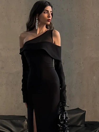 Elegante vestido de malla con retazos para mujer, nuevo vestido de otoño sexy con abertura alta, ajustado, de manga larga, para fiesta y noche, vestido ajustado