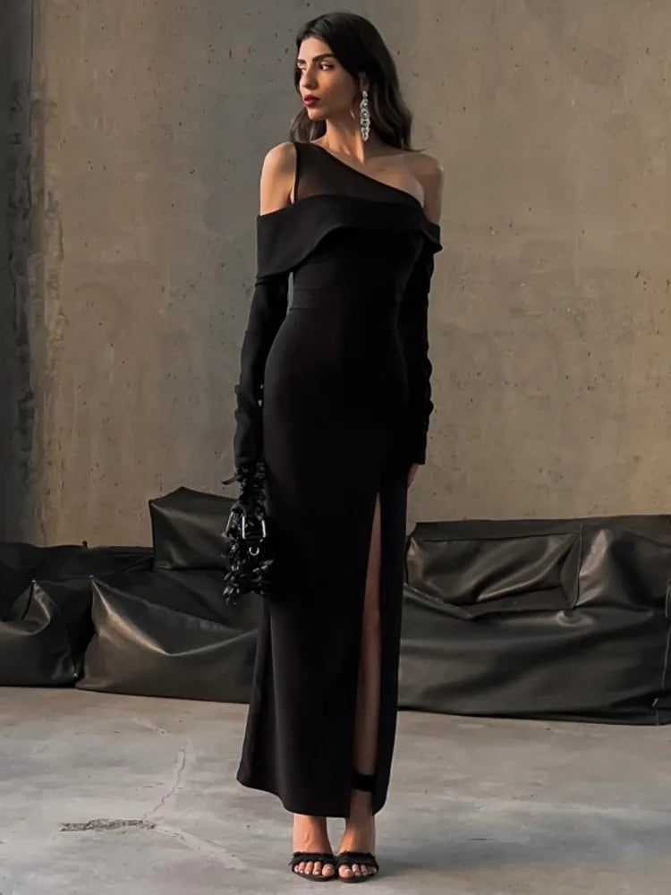 Elegante vestido de malla con retazos para mujer, nuevo vestido de otoño sexy con abertura alta, ajustado, de manga larga, para fiesta y noche, vestido ajustado