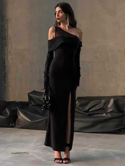 Elegante vestido de malla con retazos para mujer, nuevo vestido de otoño sexy con abertura alta, ajustado, de manga larga, para fiesta y noche, vestido ajustado