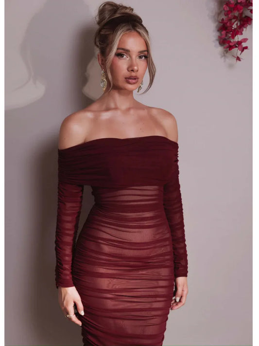 Elegante vestido de noche de fiesta de manga larga con retazos de malla de un solo hombro para mujer, chalecos sexys ajustados, ropa de otoño/invierno