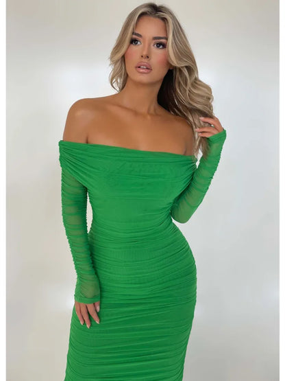 Elegant One Shoulder Mesh Patchwork Long Sleeve Party Evening Dress Women Sexy Bodycon Vestdos Autumn/Winter Clothing