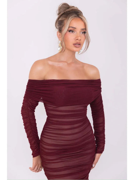 Elegante vestido de noche de fiesta de manga larga con retazos de malla de un solo hombro para mujer, chalecos sexys ajustados, ropa de otoño/invierno