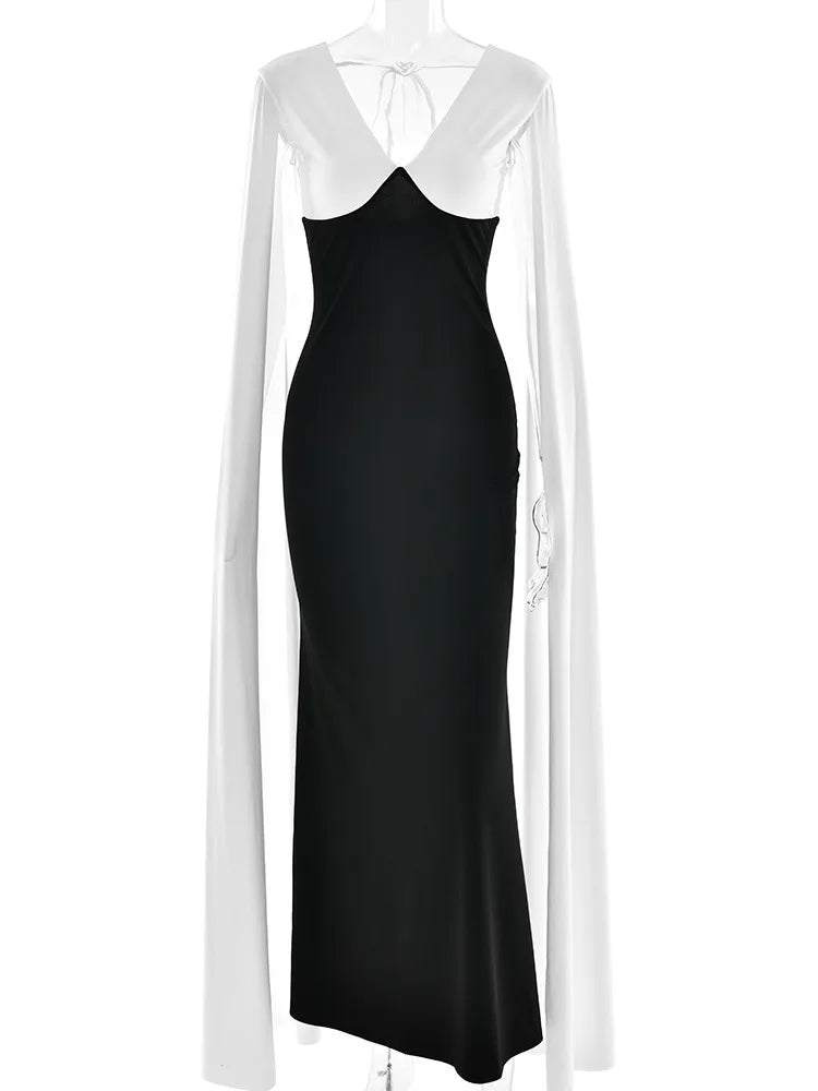 Elegant Patchwork Sleeveless Ribbon Bodycon Party Evening Dress Women Winter 2025 Sexy V-neck Tight Long Dress Vestido
