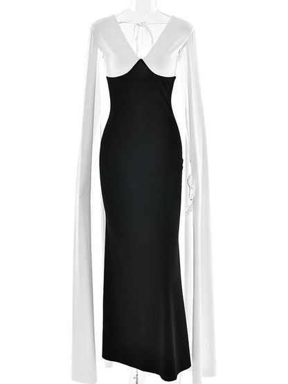 Elegant Patchwork Sleeveless Ribbon Bodycon Party Evening Dress Women Winter 2025 Sexy V-neck Tight Long Dress Vestido