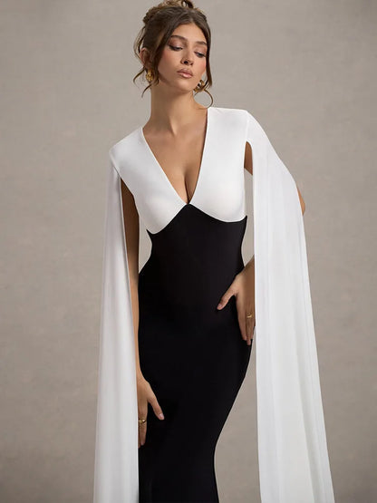 Elegant Patchwork Sleeveless Ribbon Bodycon Party Evening Dress Women Winter 2025 Sexy V-neck Tight Long Dress Vestido