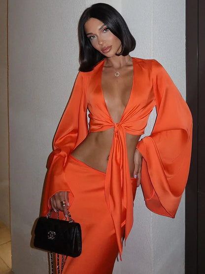 Elegante conjunto de falda larga de satén con mangas largas para mujer, con cordones, escote en V sexy, cintura baja, color liso, para fiesta y club.