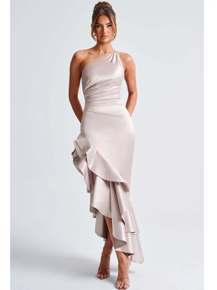 Elegante vestido largo irregular de satén sin mangas con volantes ajustado para mujer, vestido de noche de fiesta sexy sin espalda, nuevo vestido de otoño