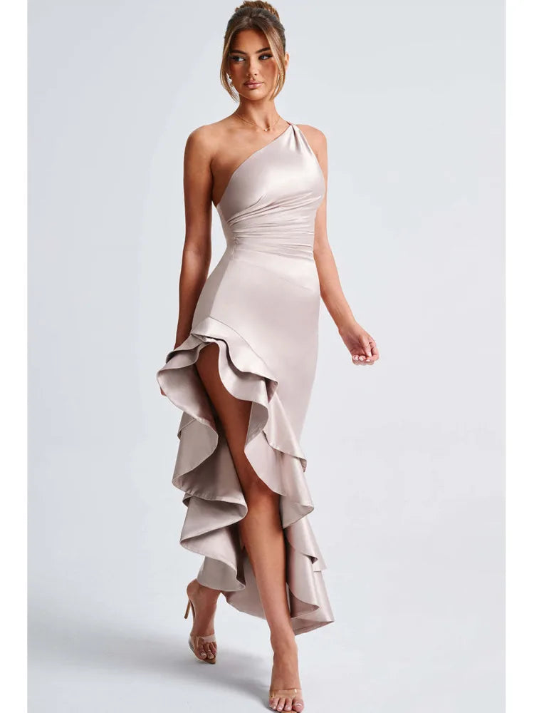 Elegante vestido largo irregular de satén sin mangas con volantes ajustado para mujer, vestido de noche de fiesta sexy sin espalda, nuevo vestido de otoño