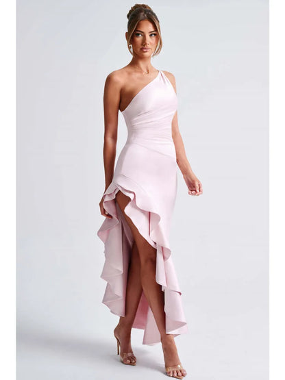 Elegante vestido largo irregular de satén sin mangas con volantes ajustado para mujer, vestido de noche de fiesta sexy sin espalda, nuevo vestido de otoño