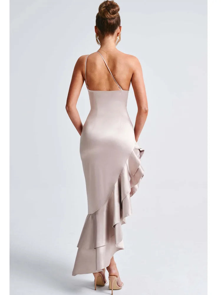 Elegante vestido largo irregular de satén sin mangas con volantes ajustado para mujer, vestido de noche de fiesta sexy sin espalda, nuevo vestido de otoño