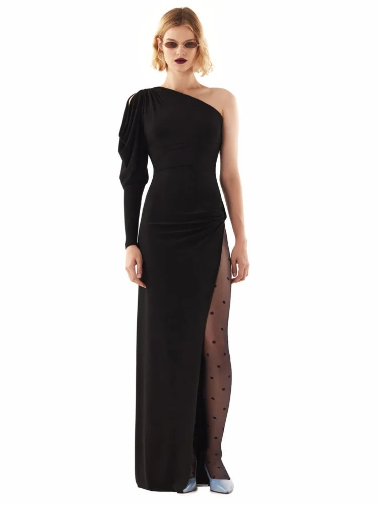 Elegant Single Shoulder Sleeve Strap Bodycon High Split Party Club Evening Dress women Sexy Slim Vestido Autumn/Winter