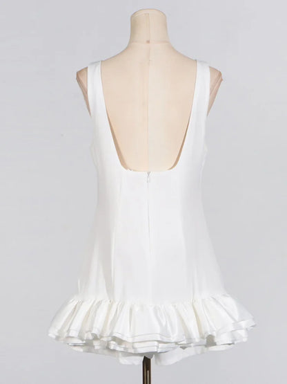 Elegant Sleeveless  Summer Ruffle Tight Short Women’s Fashion Sweet Splicing Sexy Backless Party Evening Dress