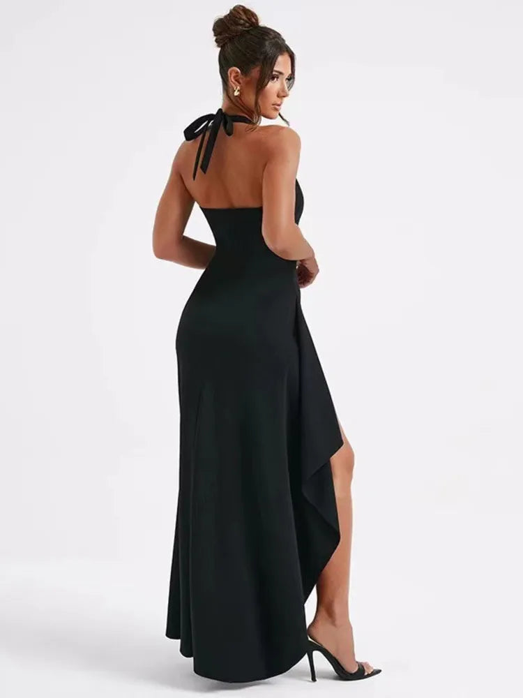 Elegante vestido de noche de fiesta ajustado sin mangas con abertura alta otoño nuevo cuello colgante escote en V sin espalda vestido largo Vestido