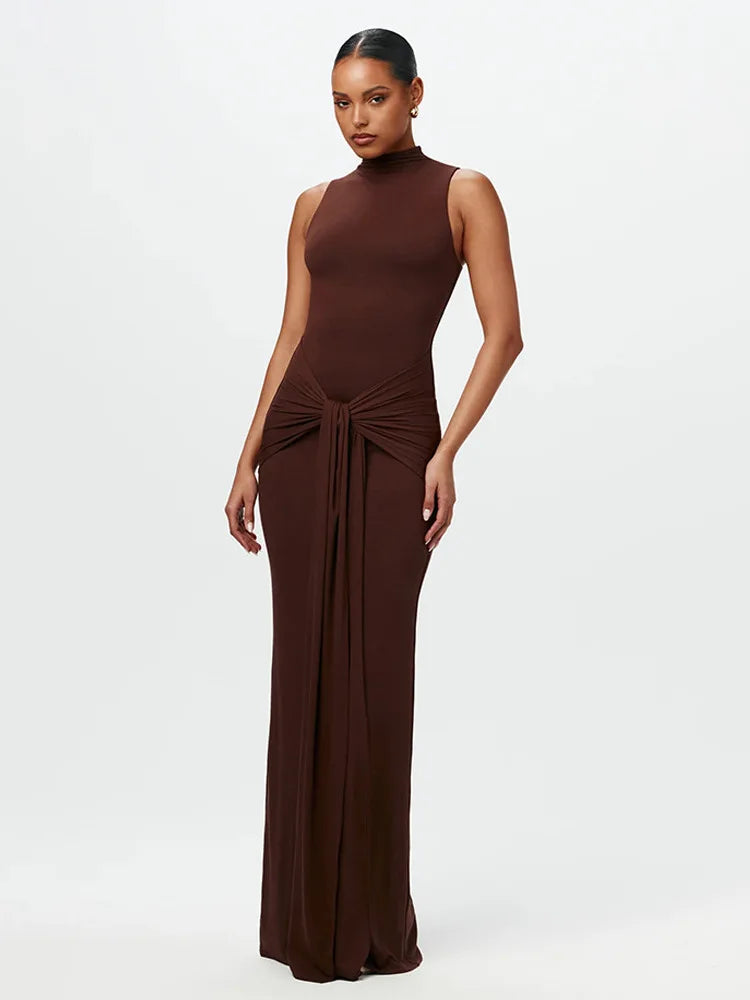 Elegant Sleeveless Bodycon Lace Up Party Evening Dress Women Autumn/Winter New2025 Slim Vestido Elastic Tight Clothing