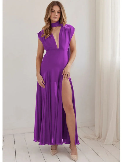 Elegante vestido de noche ajustado sin mangas con abertura para fiesta para mujer, vestido largo sexy con escote en V profundo sin espalda, vestido de otoño e invierno