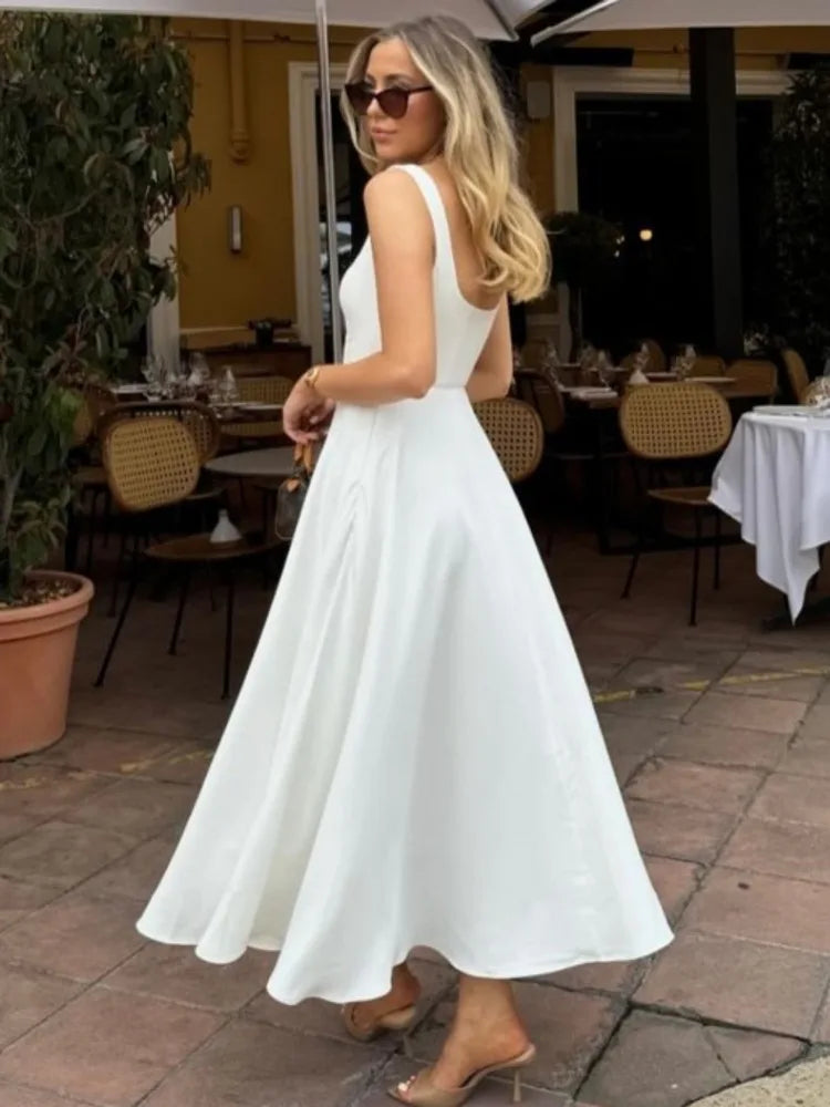 Elegant Sleeveless Bodycon Women Long Dress  Fall Solid Color Square Neck Sexy Party Club Evening Dress Slim Vestido