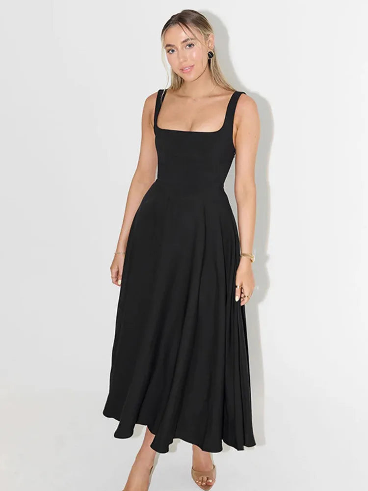 Elegant Sleeveless Bodycon Women Long Dress  Fall Solid Color Square Neck Sexy Party Club Evening Dress Slim Vestido