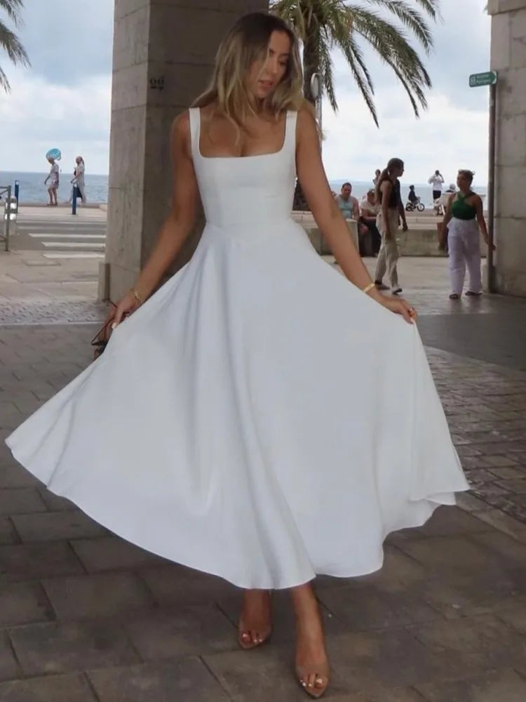 Elegant Sleeveless Bodycon Women Long Dress  Fall Solid Color Square Neck Sexy Party Club Evening Dress Slim Vestido