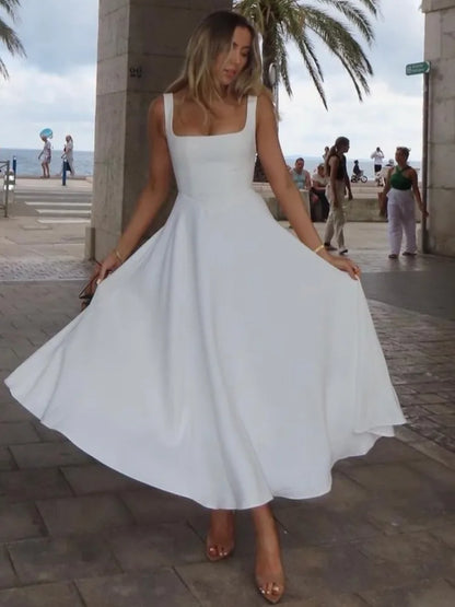 Elegant Sleeveless Bodycon Women Long Dress  Fall Solid Color Square Neck Sexy Party Club Evening Dress Slim Vestido