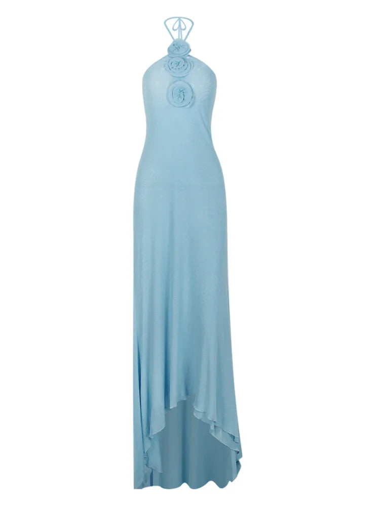 Elegante vestido ajustado sin mangas para mujer, de malla con cuello colgante, con flores 3D, largo, de noche, para fiesta y club.