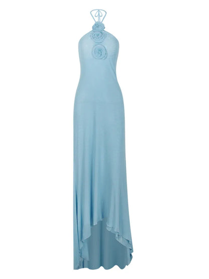 Elegante vestido ajustado sin mangas para mujer, de malla con cuello colgante, con flores 3D, largo, de noche, para fiesta y club.