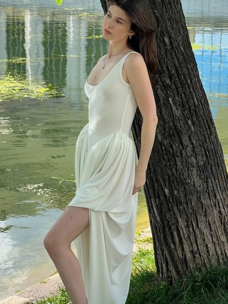 Elegante vestido largo ajustado elástico sin mangas para mujer, falda esponjosa con abertura en la espalda, vestido de noche ajustado para fiestas y vacaciones.