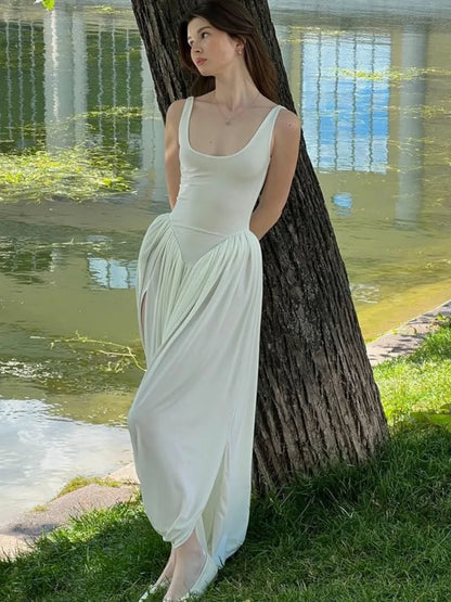 Elegante vestido largo ajustado elástico sin mangas para mujer, falda esponjosa con abertura en la espalda, vestido de noche ajustado para fiestas y vacaciones.