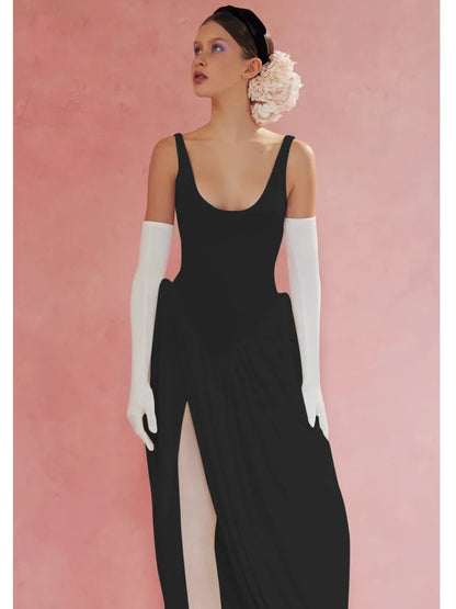 Elegante vestido largo ajustado elástico sin mangas para mujer, falda esponjosa con abertura en la espalda, vestido de noche ajustado para fiestas y vacaciones.