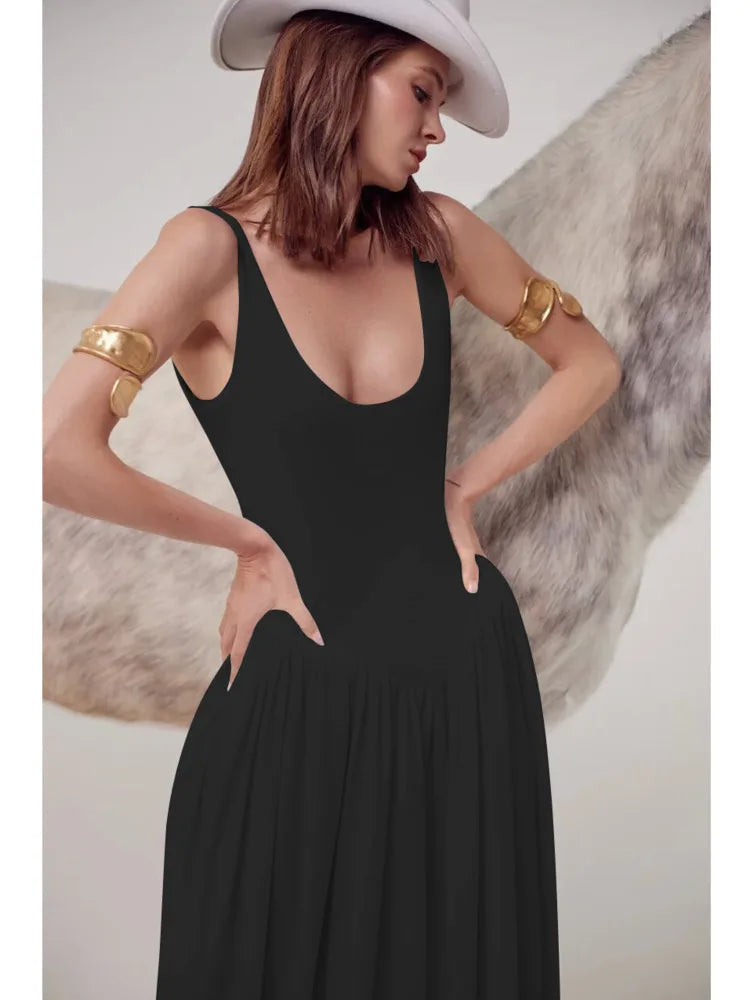 Elegante vestido largo ajustado elástico sin mangas para mujer, falda esponjosa con abertura en la espalda, vestido de noche ajustado para fiestas y vacaciones.