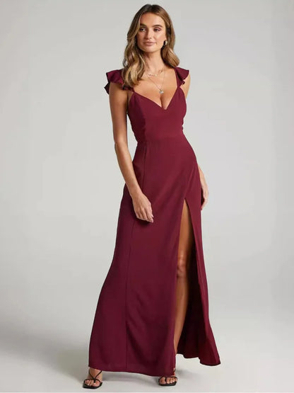 Elegant Sleeveless High Slit Bodycon Party Club Evening Dress Women Pleated High Waisted Vestido Sexy Slim Long Dress