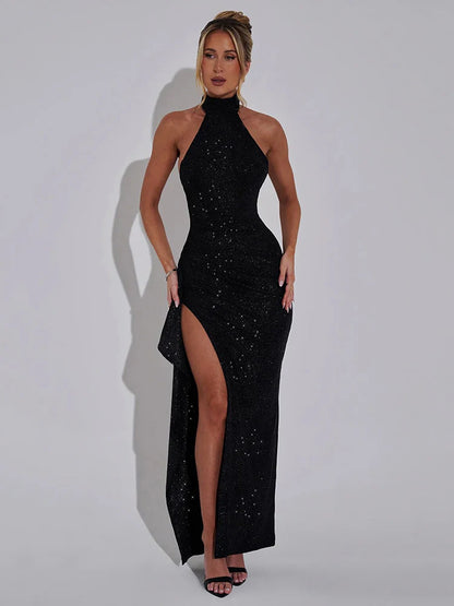 Elegante vestido de noche ajustado sin mangas con abertura alta y volantes para mujer, cuello colgante brillante, sexy, sin espalda, para fiesta y club.