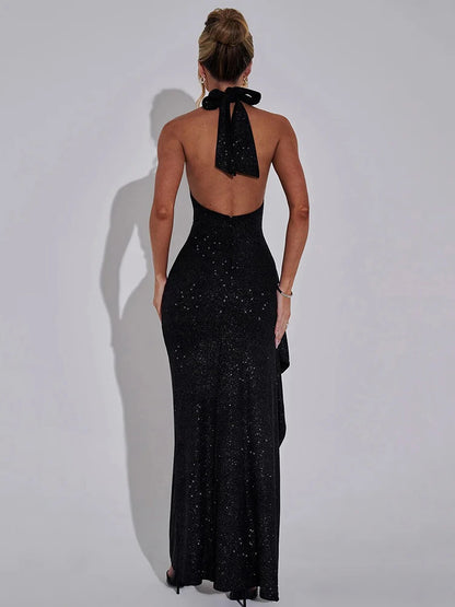 Elegante vestido de noche ajustado sin mangas con abertura alta y volantes para mujer, cuello colgante brillante, sexy, sin espalda, para fiesta y club.