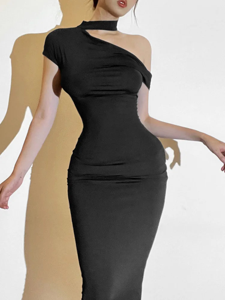 Elegante vestido ajustado irregular sin mangas para mujer, nuevo vestido de otoño a la moda, vestido largo con hombros descubiertos, vestido de noche para fiesta.