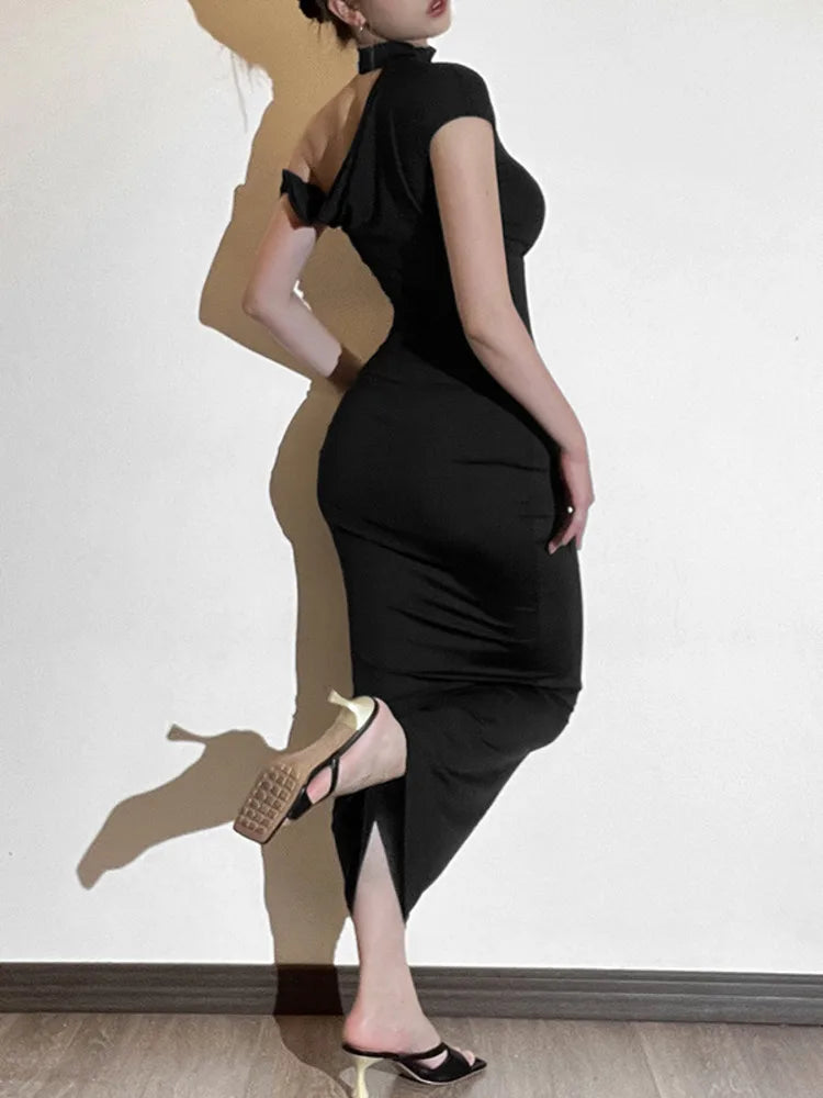 Elegante vestido ajustado irregular sin mangas para mujer, nuevo vestido de otoño a la moda, vestido largo con hombros descubiertos, vestido de noche para fiesta.