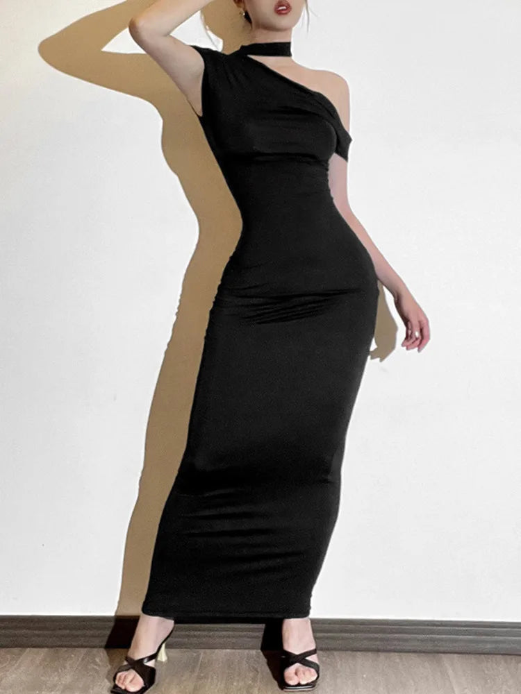 Elegante vestido ajustado irregular sin mangas para mujer, nuevo vestido de otoño a la moda, vestido largo con hombros descubiertos, vestido de noche para fiesta.