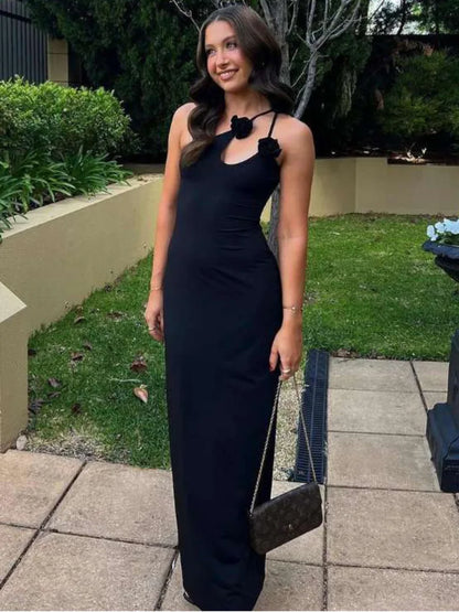 Elegante vestido de noche ajustado irregular sin mangas para mujer, vestido de otoño con adorno de flores y hombros descubiertos, vestido largo sexy