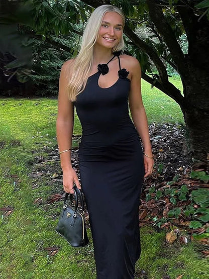 Elegante vestido de noche ajustado irregular sin mangas para mujer, vestido de otoño con adorno de flores y hombros descubiertos, vestido largo sexy