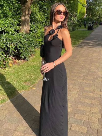 Elegante vestido de noche ajustado irregular sin mangas para mujer, vestido de otoño con adorno de flores y hombros descubiertos, vestido largo sexy