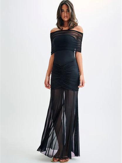 Elegante vestido largo sin mangas de malla con retazos de doble capa para mujer, vestido de noche ajustado con perspectiva sexy, vestido ajustado