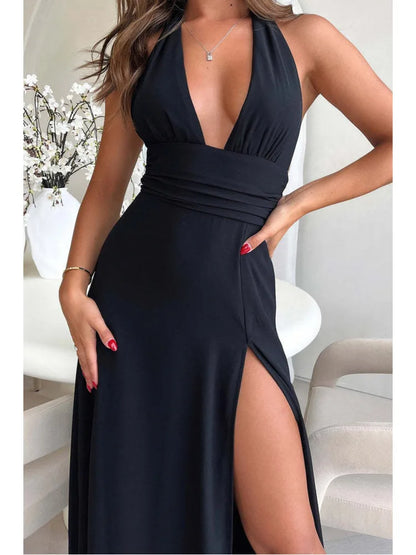Elegante vestido sin mangas con espalda abierta y abertura alta para mujer, vestido de noche ajustado con cordones, elegante vestido de fiesta para club femenino