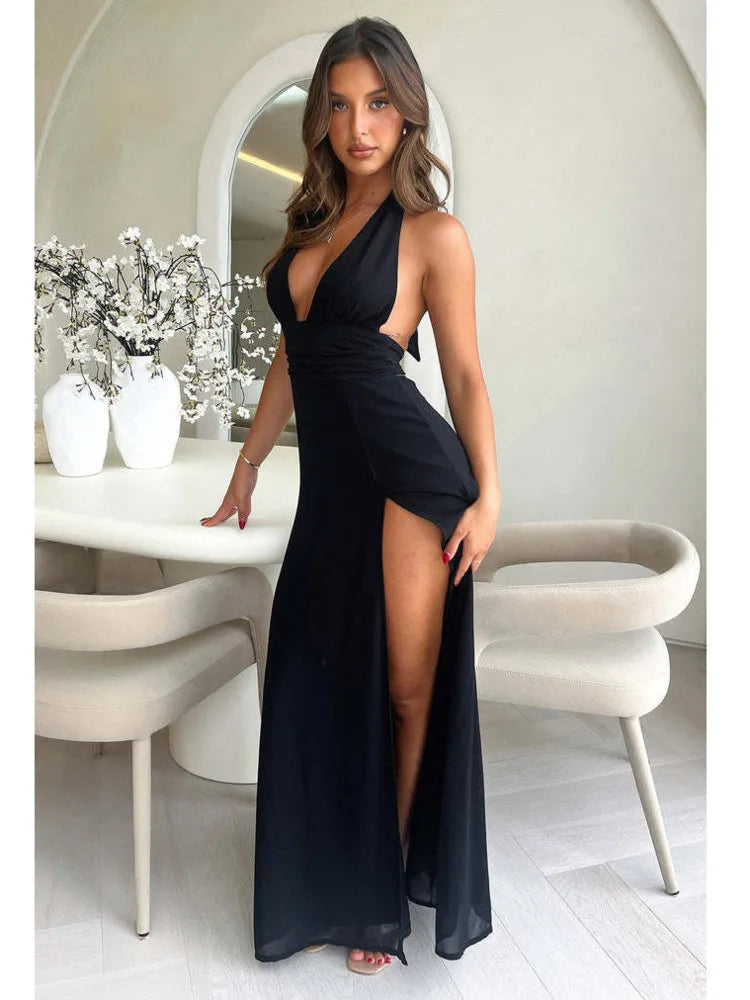 Elegante vestido sin mangas con espalda abierta y abertura alta para mujer, vestido de noche ajustado con cordones, elegante vestido de fiesta para club femenino