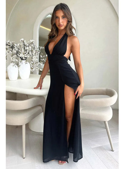 Elegante vestido sin mangas con espalda abierta y abertura alta para mujer, vestido de noche ajustado con cordones, elegante vestido de fiesta para club femenino