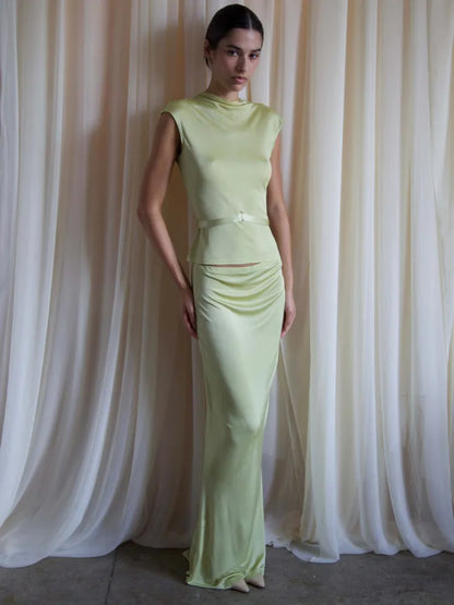 Elegante conjunto de top y falda ajustados con cuello redondo sin mangas para mujer, moda Otoño Invierno 2025, conjunto de fiesta de dos piezas.